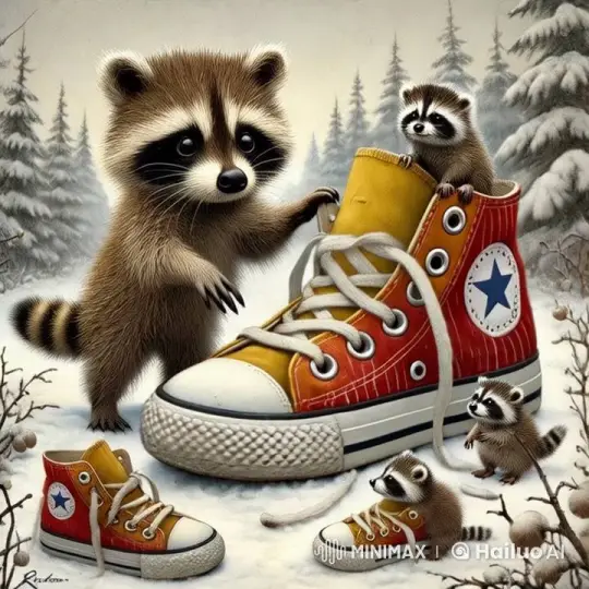 Playful Raccoons Frolic with Sneakers in Snowy Forest – AI Generated Video | Hailuo AI