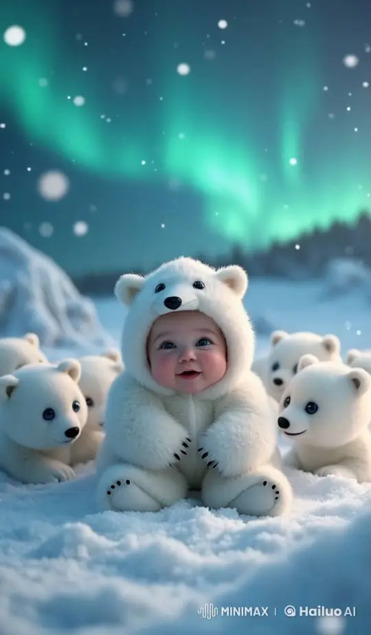 Cute Baby in Polar Bear Suit Plays with Cubs in Arctic Wonderland – AI Generated Video | Hailuo AI