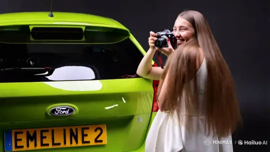 Joyful Woman Immortalizes Ford Focus RS MK2 – AI Generated Video | Hailuo AI