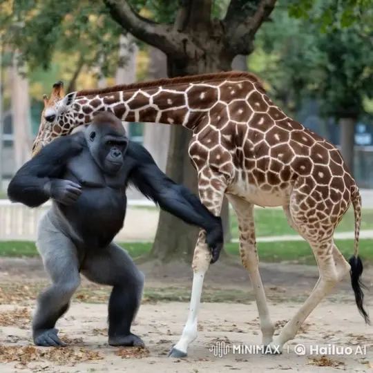 Gorilla and Giraffe in Intense Forest Confrontation – AI Generated Video | Hailuo AI