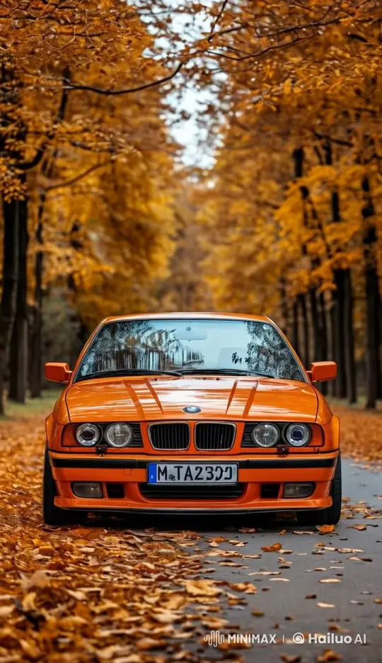 Autumn Scene: Parked BMW Amidst Falling Leaves – AI Generated Video | Hailuo AI