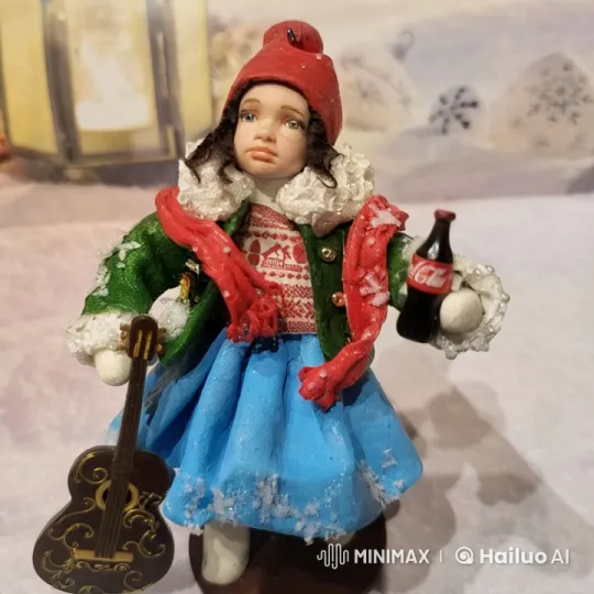 Festive Doll in Snowy Landscape with Coca-Cola and Guitar – AI Generated Video | Hailuo AI