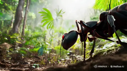 Colossal Ant in Verdant Forest: Cinematic Close-Up – AI Generated Video | Hailuo AI