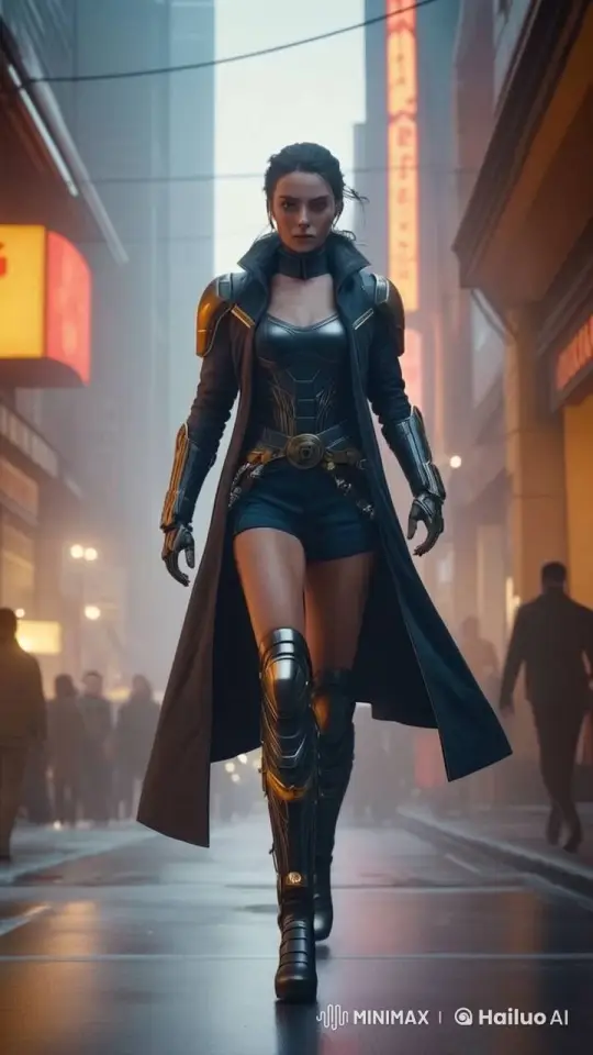 Elegant Model Struts Confidently in Animated Street Scene – AI Generated Video | Hailuo AI