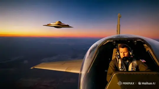 Military Jet Intercepts Shiny UFO at Twilight – AI Generated Video | Hailuo AI