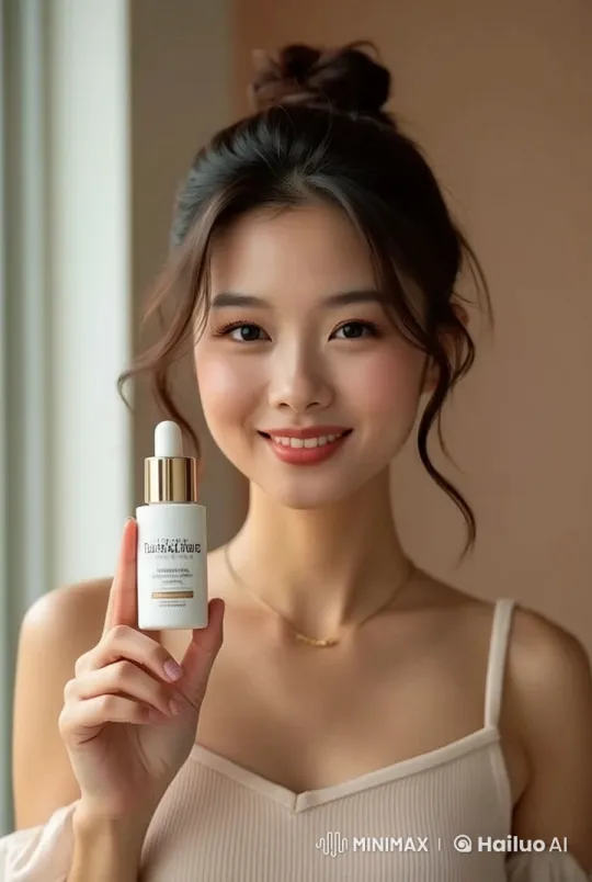 Young Woman Showcases Skincare Serum in Serene Setting – AI Generated Video | Hailuo AI