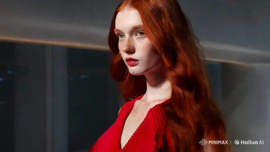 Red-Haired Model Showcases Elegance on Fashion Runway – AI Generated Video | Hailuo AI