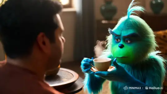 The Blue Grinch Sips Tea in Serene Dim Light – AI Generated Video | Hailuo AI