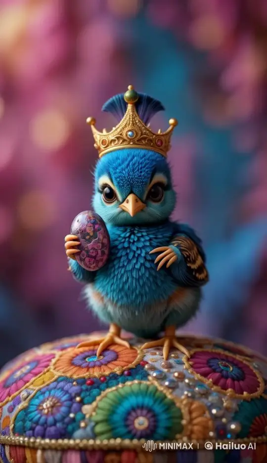 Regal Chick Adorns Golden Crown on Embroidered Pillow – AI Generated Video | Hailuo AI