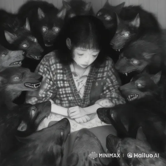 Girl Contemplates Amidst Menacing Wolves in Creepy Setting – AI Generated Video | Hailuo AI
