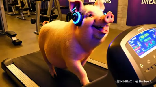Cheerful Pig Enthusiastically Running on Gym Treadmill – AI Generated Video | Hailuo AI