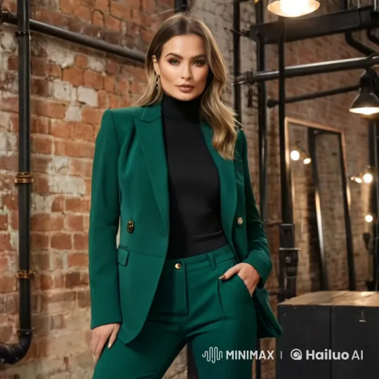 Woman in Emerald Suit with Blue Aura in Industrial Setting – AI Generated Video | Hailuo AI