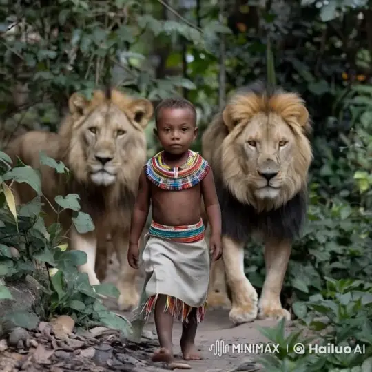 Child Leads Lions Through Serene Forest Path – AI Generated Video | Hailuo AI
