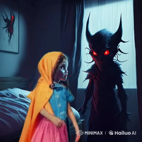 Girl Faced by Menacing Creature in Dim Room – AI Generated Video | Hailuo AI