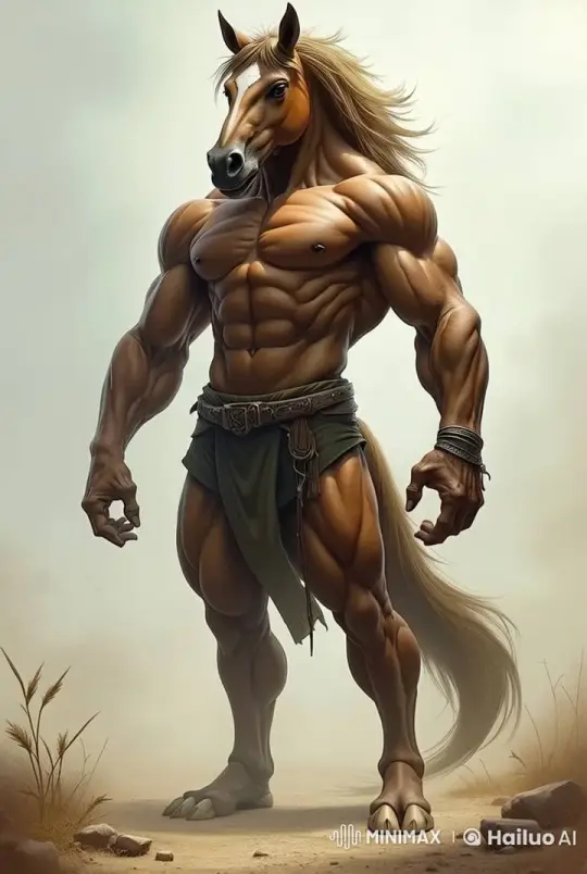 Muscular Anthropomorphic Horse Walks in Dusty Setting – AI Generated Video | Hailuo AI