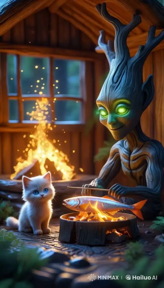 Enchanted Cabin: Creature Cooks Fish by Fire – AI Generated Video | Hailuo AI