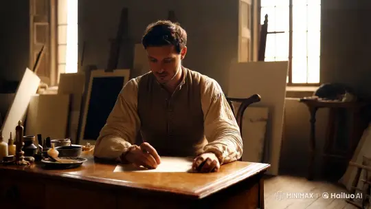 Artist in Light-Filled Studio Captured in Creative Tranquility – AI Generated Video | Hailuo AI