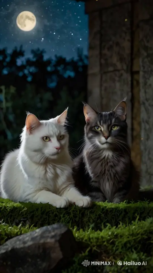 Starlit Rooftop Encounter of Black and White Cats – AI Generated Video | Hailuo AI
