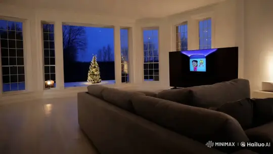 Cozy Living Room with Christmas Tree and Cartoon – AI Generated Video | Hailuo AI
