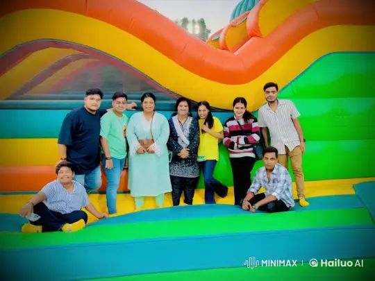 Group Dancing Joyously in Front of Inflatable Structure – AI Generated Video | Hailuo AI