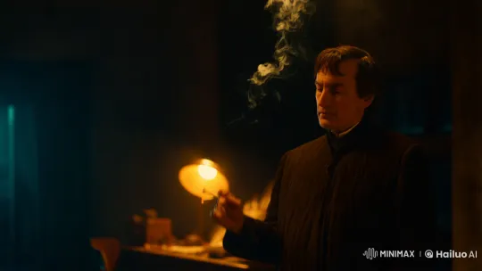 Contemplative Man in Moody Light with Slow-Motion Smoke – AI Generated Video | Hailuo AI