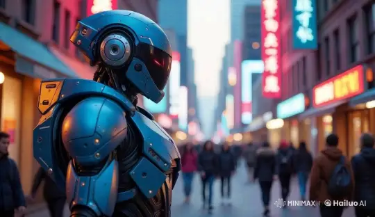 Futuristic Blue Robot in Neon-Lit Slow-Motion Cityscape – AI Generated Video | Hailuo AI