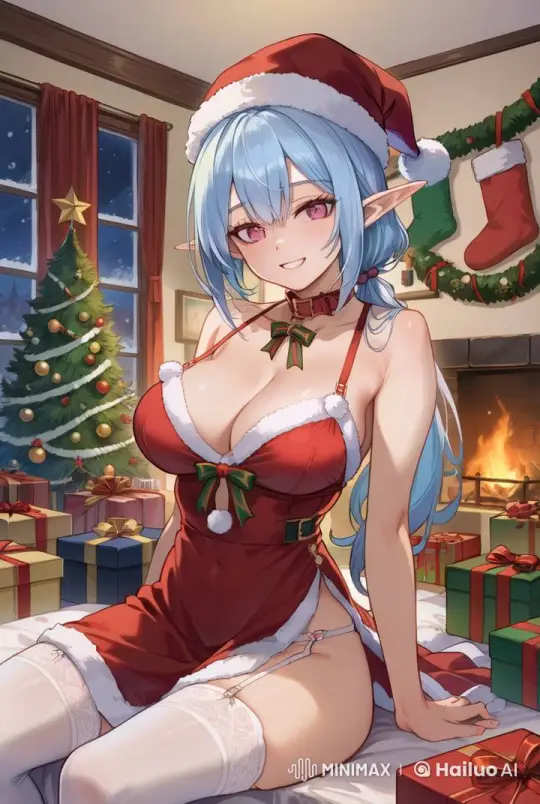Christmas Cheer: Anime Elf Girl Opens Gifts by the Fireplace – AI Generated Video | Hailuo AI