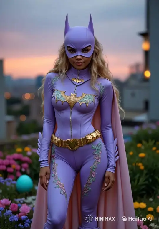 Superheroine Stands Vigilant in Twilight Garden – AI Generated Video | Hailuo AI