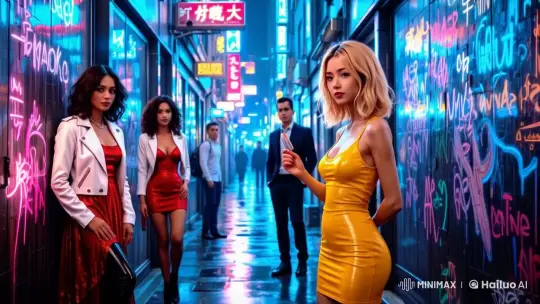 Live2D Animation: Woman Admires Luminous Sticker in Tokyo Night – AI Generated Video | Hailuo AI