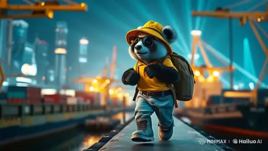 Cute Panda Navigates Bustling Nighttime Port City – AI Generated Video | Hailuo AI