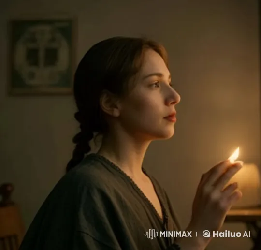 1800s Girl Searches Dim Room with Candlelight – AI Generated Video | Hailuo AI