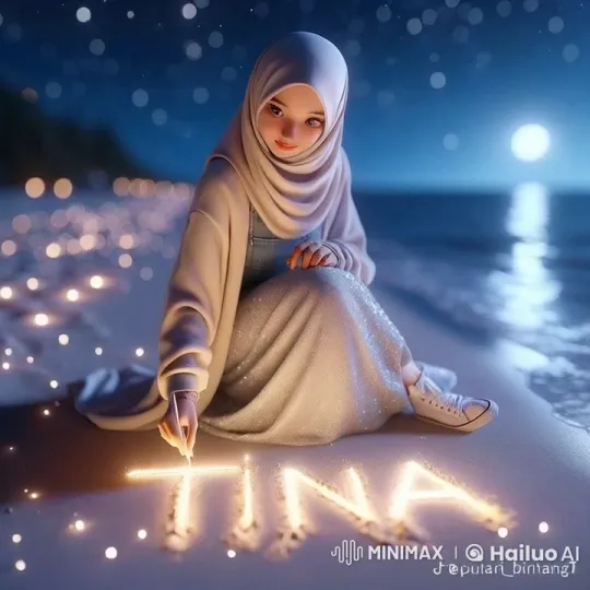 Young Woman Writes "Tina" in Sand on Moonlit Beach – AI Generated Video | Hailuo AI