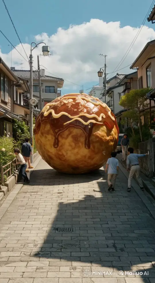 Giant Takoyaki Rolls Down Quaint Neighborhood Street – AI Generated Video | Hailuo AI