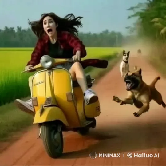 Woman Escapes Chasing Dogs on Scooter in Animated Style – AI Generated Video | Hailuo AI