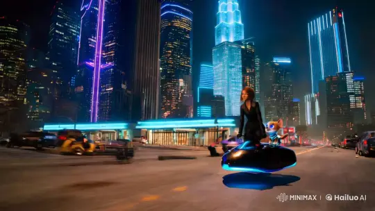 Futuristic Detective Navigates L.A. on Hoverbike with Cybernetic Puppy – AI Generated Video | Hailuo AI
