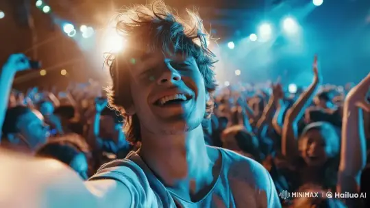 Young Man Takes Selfie at Energetic Concert Scene – AI Generated Video | Hailuo AI