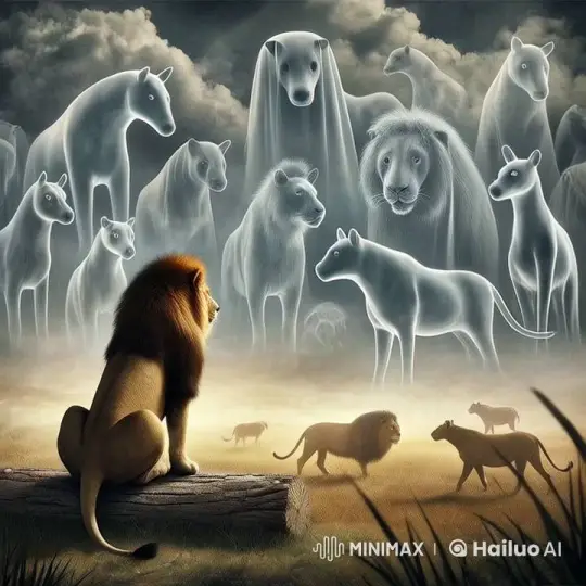 Majestic Lion Amidst Ghostly Figures in Misty Landscape – AI Generated Video | Hailuo AI
