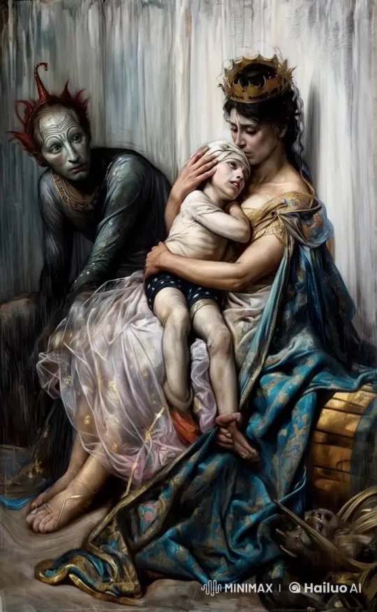 Regal Woman Comforts Sick Child, Man Watches with Concern – AI Generated Video | Hailuo AI