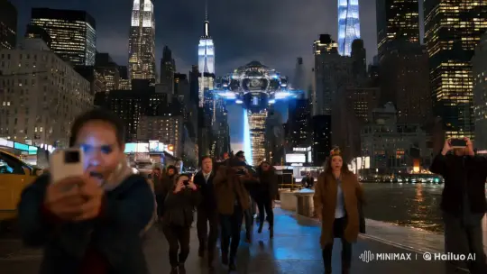 Smartphone Footage Captures New York Skyline with Overhead Spaceship – AI Generated Video | Hailuo AI
