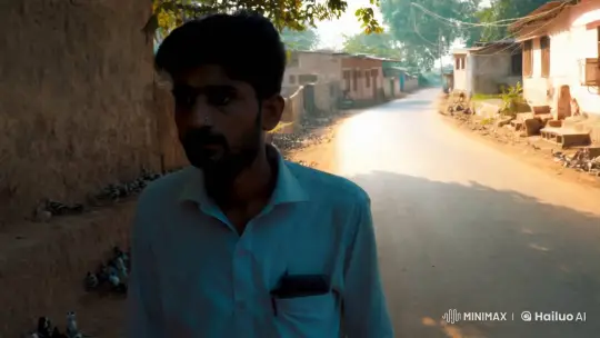 Contemplative Man Navigates Shadowed Village Road – AI Generated Video | Hailuo AI