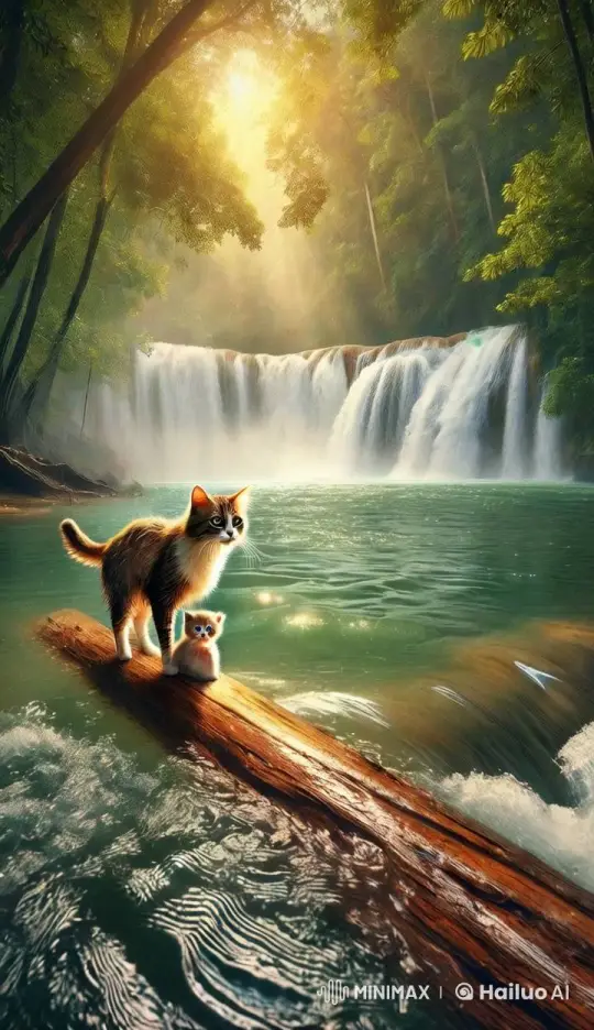 Cats on a Floating Log in Tranquil River Scene – AI Generated Video | Hailuo AI