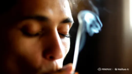 Contemplative Face Amid Swirling Smoke in Dim Room – AI Generated Video | Hailuo AI