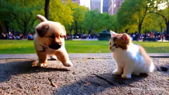 Adorable Puppy and Kitten Share Tender Moment in New York Park – AI Generated Video | Hailuo AI