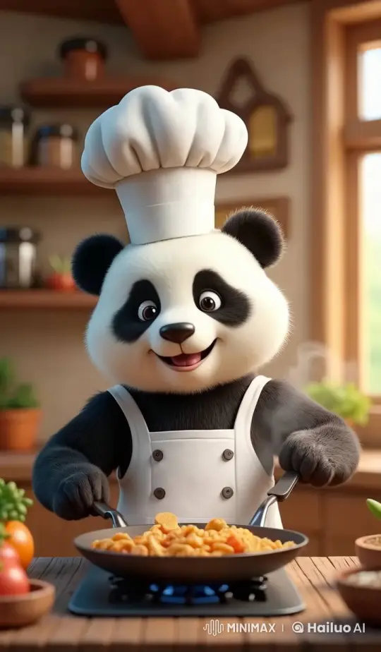 Panda Chef Preparing Colorful Veggie Pasta – AI Generated Video | Hailuo AI