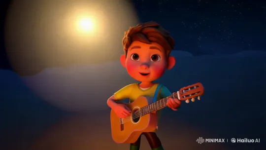 Animated Boy Serenades Night Sky with Guitar – AI Generated Video | Hailuo AI