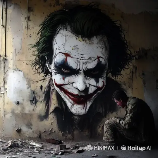 Contemplative Man Faces Sinister Clown Mural in Dim Room – AI Generated Video | Hailuo AI