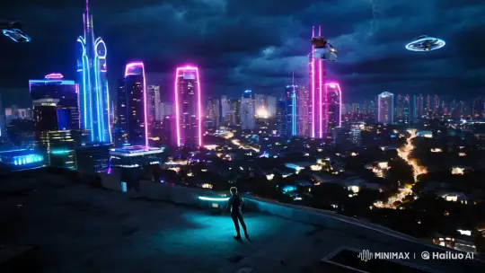 Futuristic Cityscape with Neon Skyline and Heroic Observer – AI Generated Video | Hailuo AI