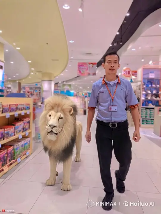 Man and Lion Walk Through Brightly Lit Store – AI Generated Video | Hailuo AI