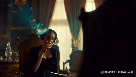 Enigmatic Woman Smokes in Opulent, Dimly Lit Room – AI Generated Video | Hailuo AI