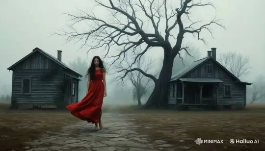 Mysterious Woman in Red Walks Through Foggy Village – AI Generated Video | Hailuo AI